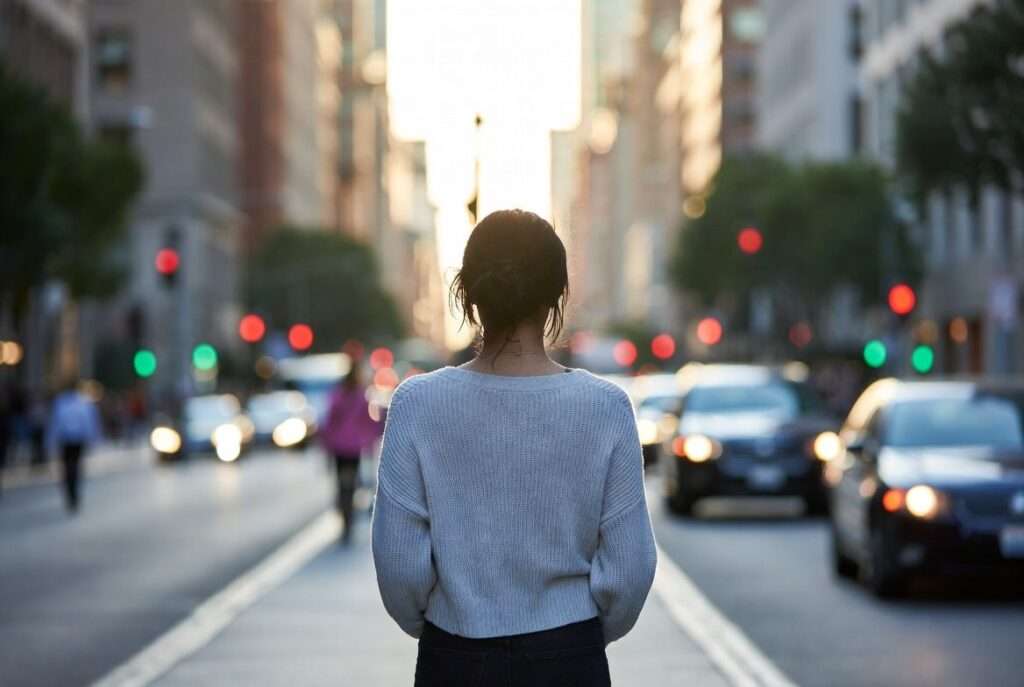 Woman standing alone on a busy city street surrounded by traffic and blurred lights