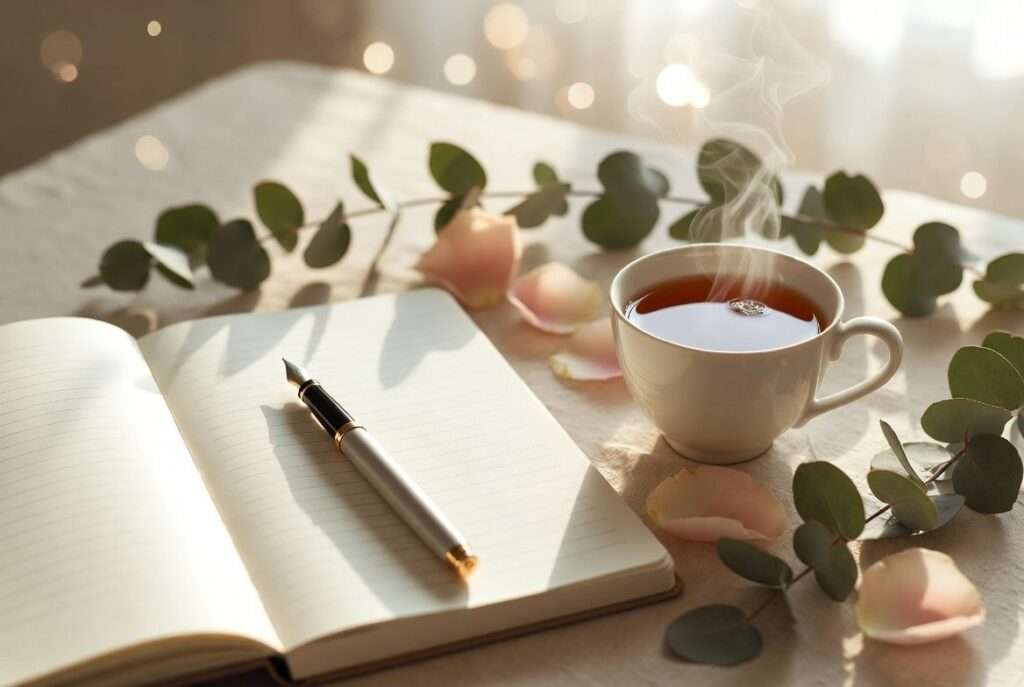Open journal with a fountain pen, steaming cup of tea, and eucalyptus sprigs on a table