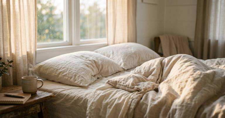 Woman standing by a sunlit window, bathed in soft morning light