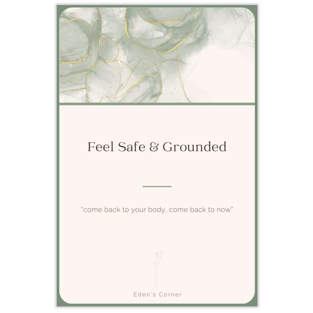 Feel Safe & Grounded journal prompt cards cover featuring a sage green and gold marbled watercolor design, subtitled 'come back to your body, come back to now'