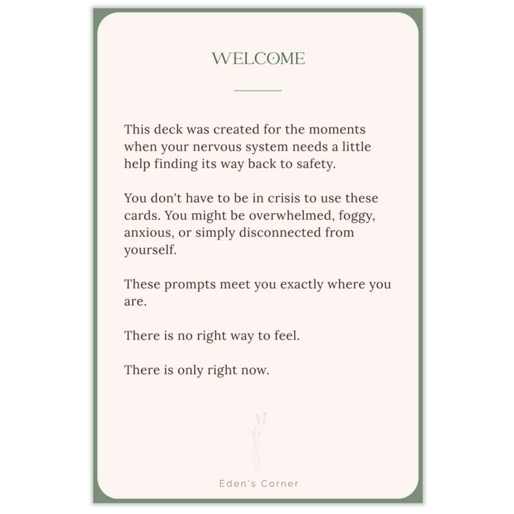 Welcome card from Feel Safe & Grounded journal prompt cards, describing the deck as support for nervous system regulation in moments of overwhelm