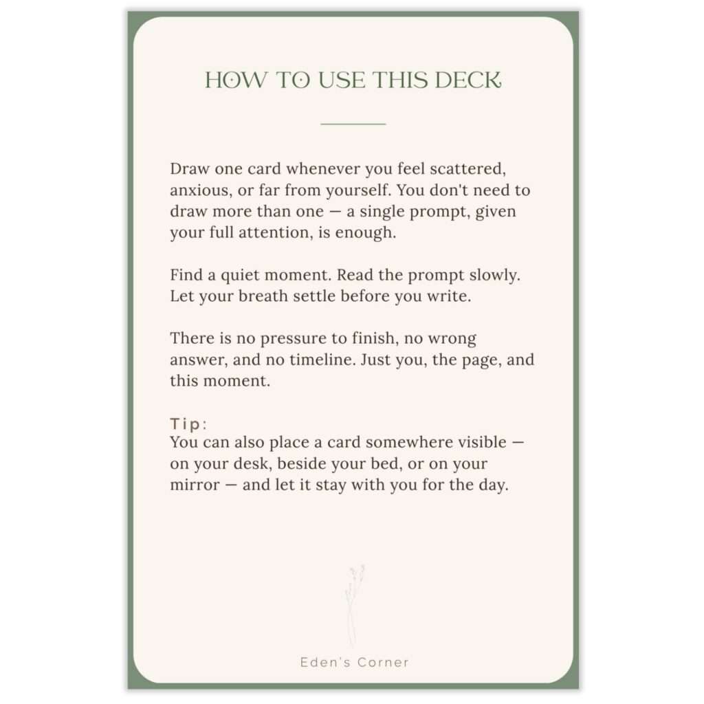 How to Use This Deck card from Feel Safe & Grounded, with instructions to draw one card when feeling scattered and let your breath settle before writing
