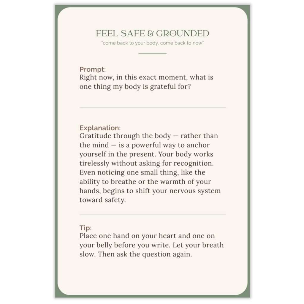 Sample Feel Safe & Grounded prompt card asking 'Right now, in this exact moment, what is one thing my body is grateful for?' with explanation and tip