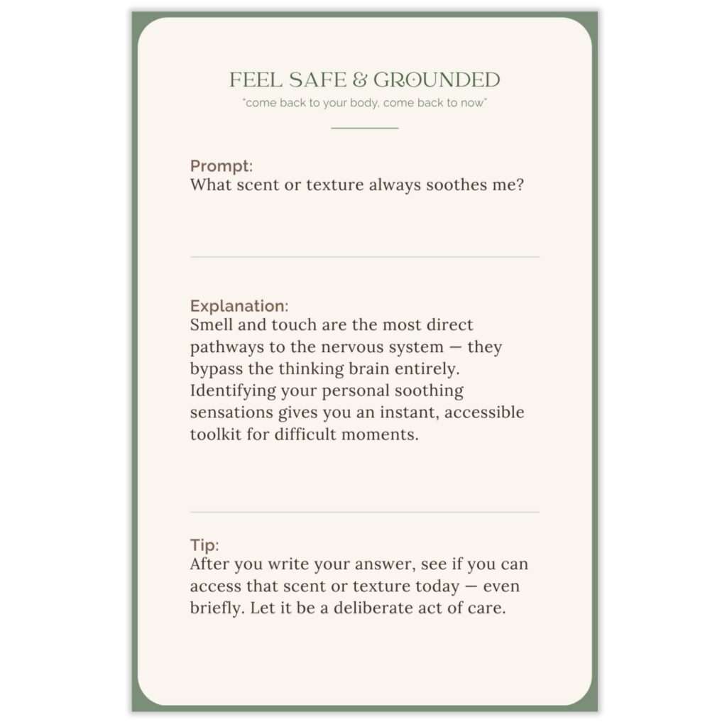Sample Feel Safe & Grounded prompt card asking 'What scent or texture always soothes me?' with explanation and tip