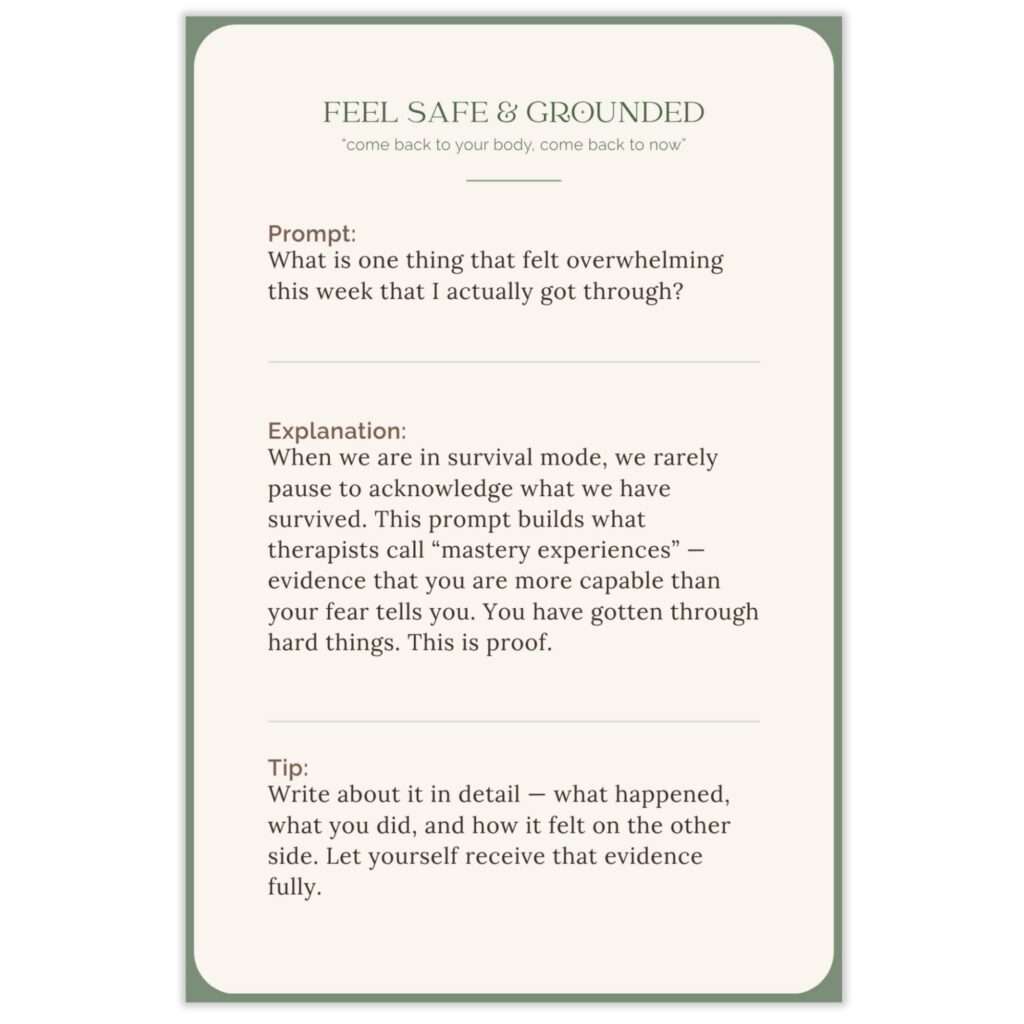 Sample Feel Safe & Grounded prompt card asking 'What is one thing that felt overwhelming this week that I actually got through?' with explanation and tip