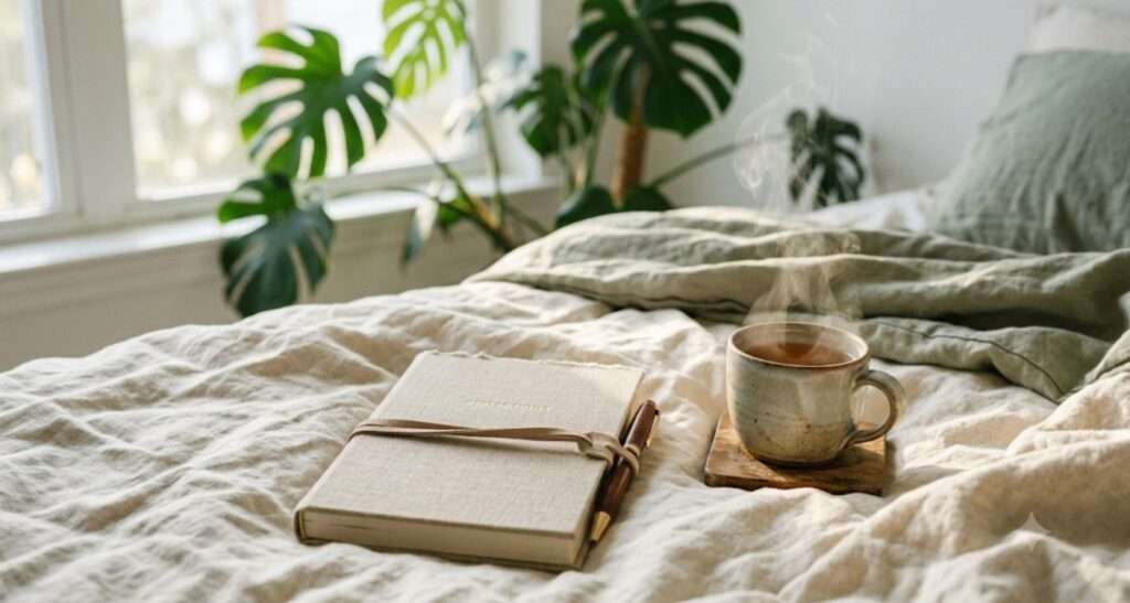 Closed linen-covered journal and pen beside a steaming mug of tea on rumpled cream bedding — a gentle image for journaling when life feels too heavy to write