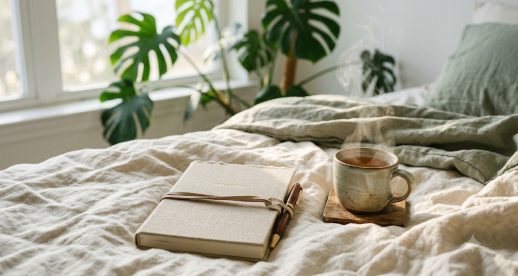 Closed linen-covered journal and pen beside a steaming mug of tea on rumpled cream bedding — a gentle image for journaling when life feels too heavy to write