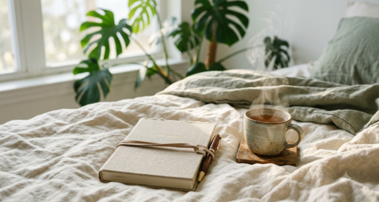 Closed linen-covered journal and pen beside a steaming mug of tea on rumpled cream bedding — a gentle image for journaling when life feels too heavy to write