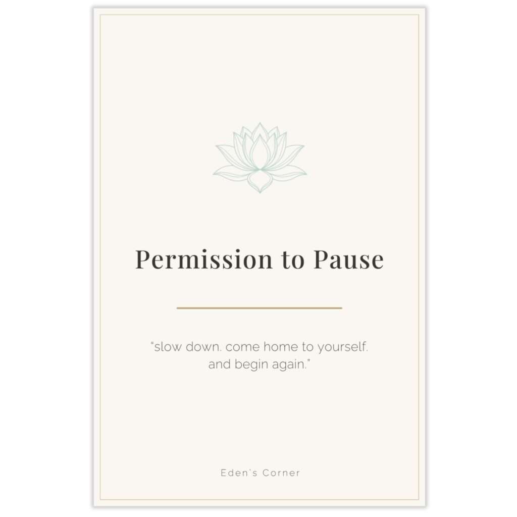 Permission to Pause self-care prompt cards cover featuring a line-drawn lotus illustration, subtitled 'slow down. come home to yourself. and begin again.'