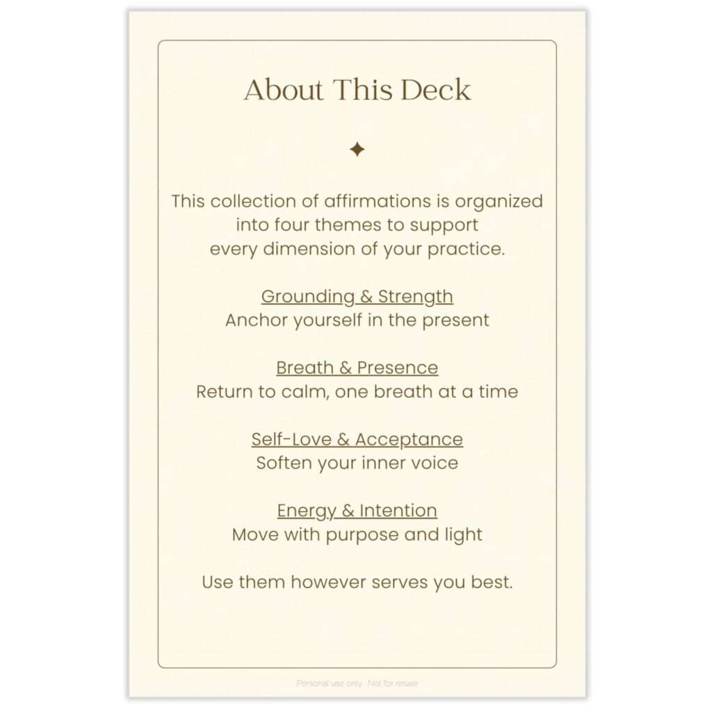 About This Deck card from Root & Rise affirmation cards, listing four affirmation themes: Grounding & Strength, Breath & Presence, Self-Love & Acceptance, and Energy & Intention