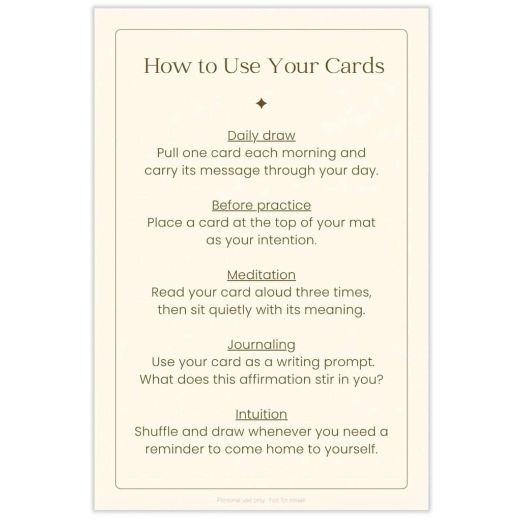 How to Use Your Cards guide from Root & Rise affirmation cards, describing daily draw, before-practice, meditation, journaling, and intuition rituals