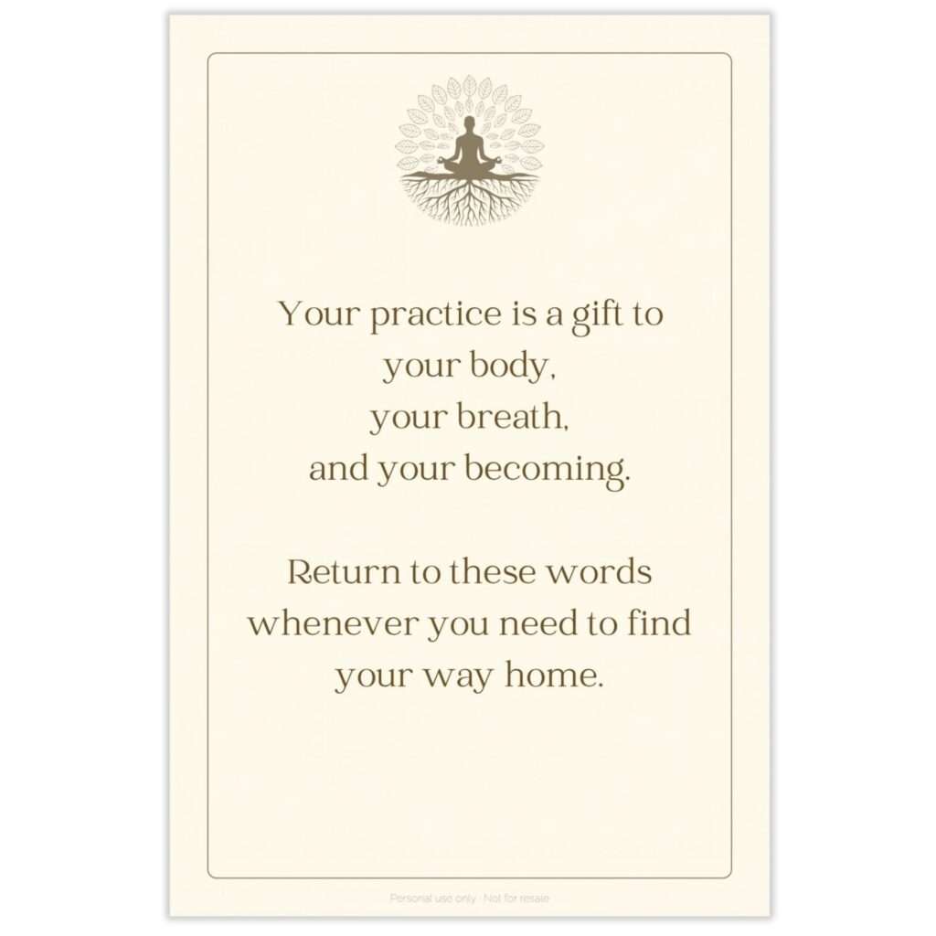 Root & Rise closing card with a meditating figure rooted into a tree, reading 'Your practice is a gift to your body, your breath, and your becoming'