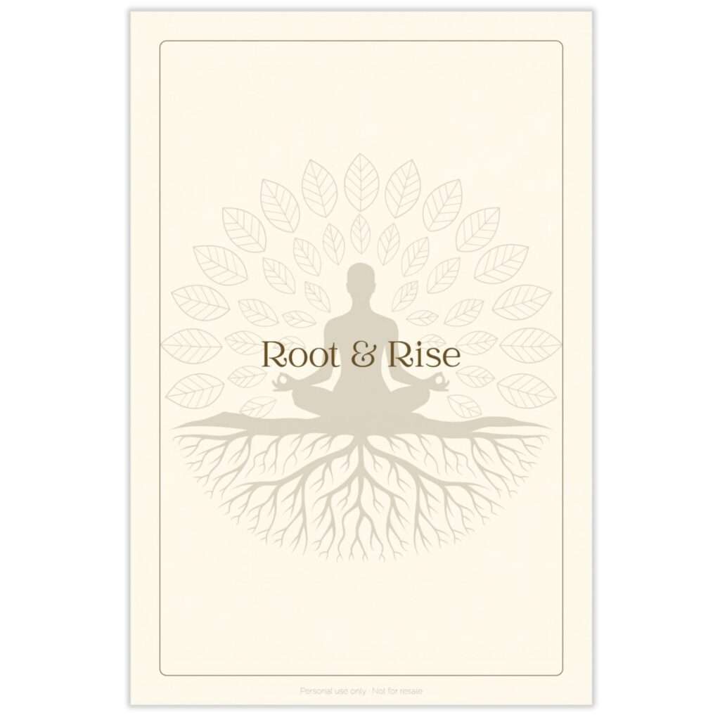 Root & Rise card back design featuring a faded meditating figure rooted into a tree of leaves behind the deck name