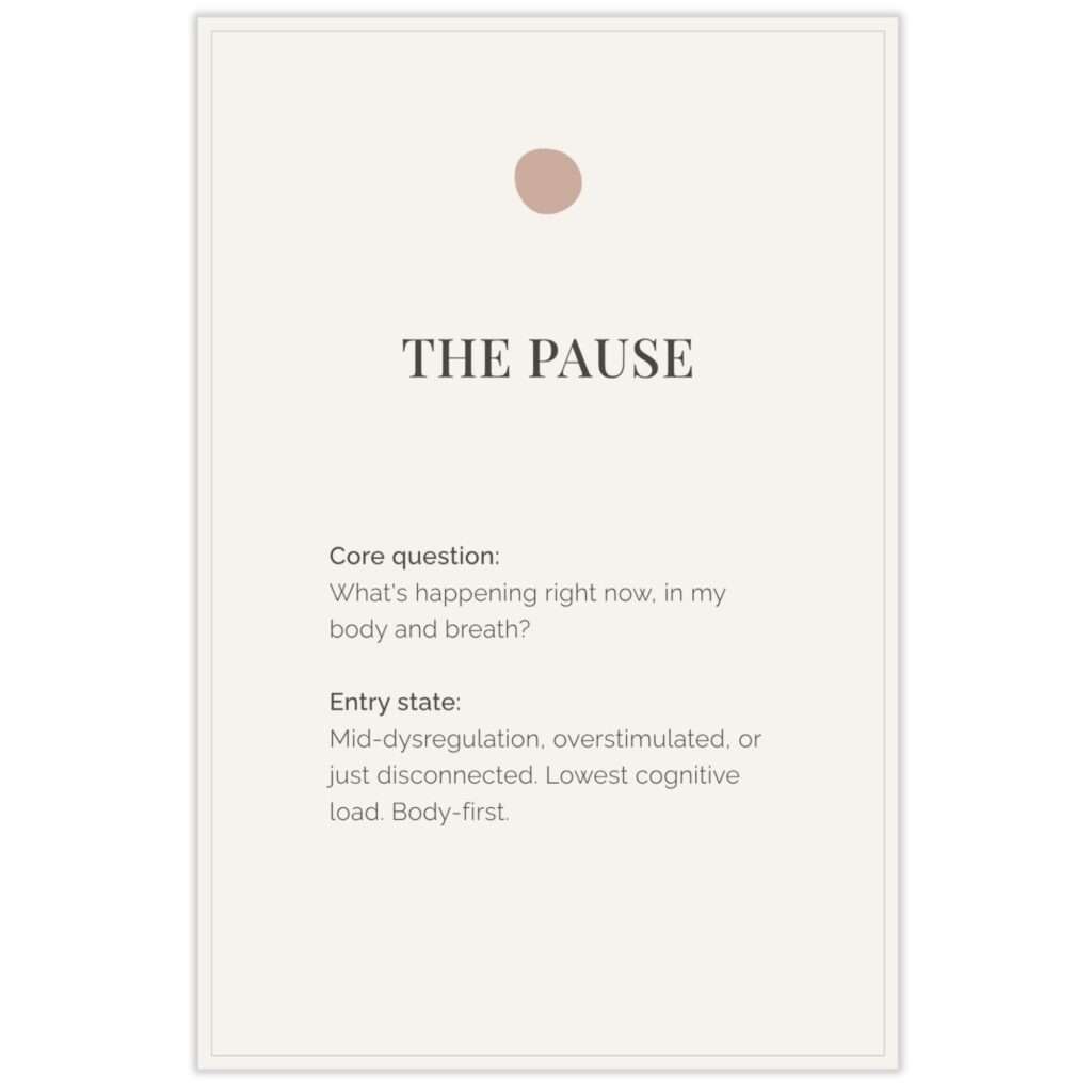 The Pause section divider card from Soft Reset, for moments of mid-dysregulation, with the core question 'What's happening right now, in my body and breath?'
