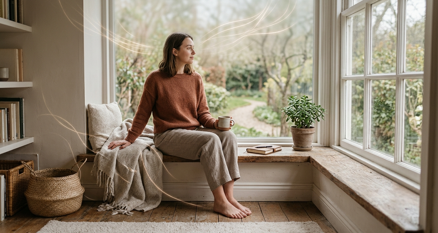 Woman sitting in a window seat wrapped in a blanket, looking out at a garden