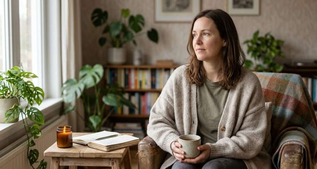 Woman reflecting quietly with tea and an open journal by a window — gentle self-inquiry and reconnecting with yourself in a calm, plant-filled space.