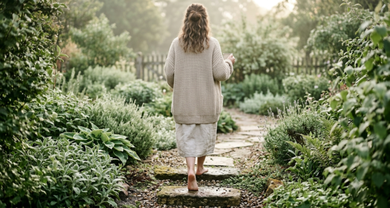 Woman in an oatmeal cardigan walking barefoot along a stone garden path at dawn, surrounded by dew-covered greenery, taking one gentle step forward.