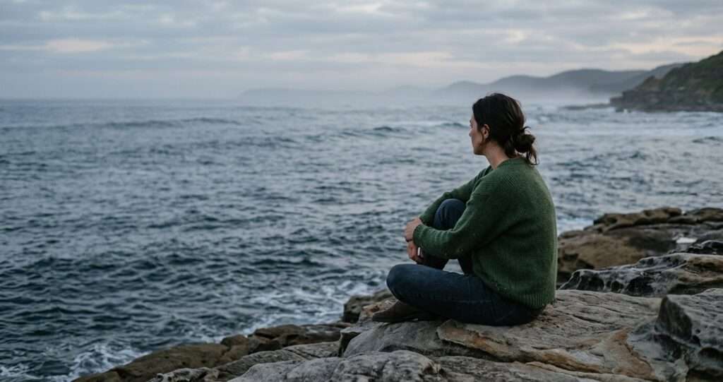 Woman sitting quietly on coastal rocks at dusk, knees drawn in, looking out at the sea