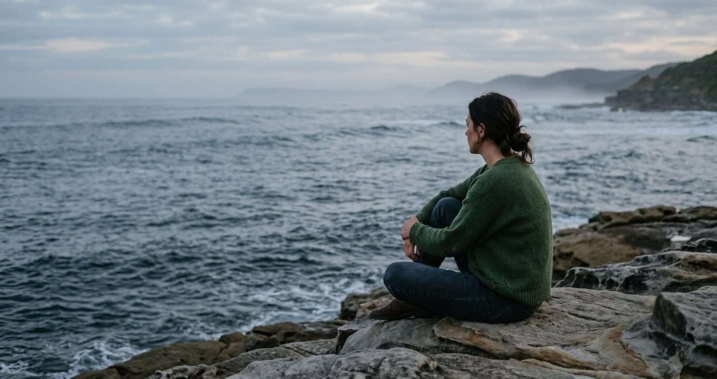 Woman sitting quietly on coastal rocks at dusk, knees drawn in, looking out at the sea