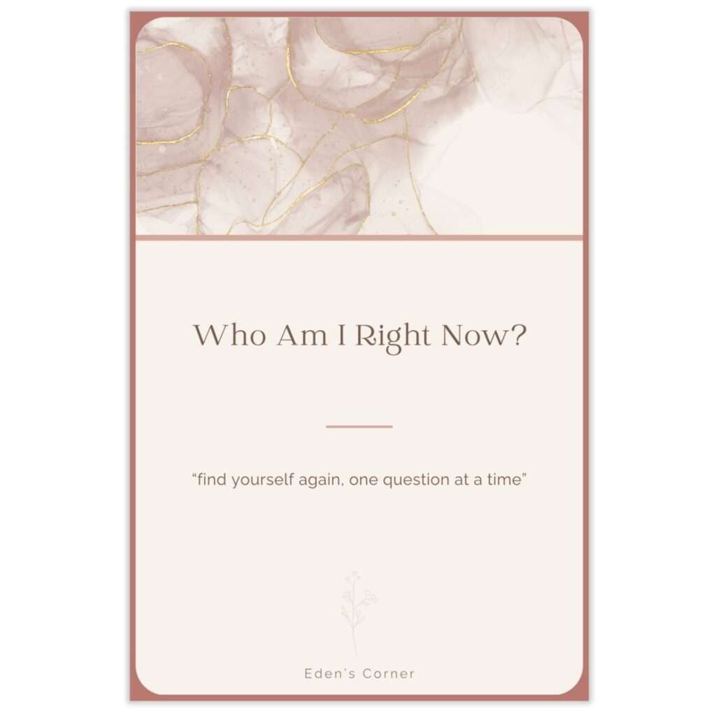 Who Am I Right Now? journal prompt cards cover featuring a dusty rose and gold marbled watercolor design, subtitled 'find yourself again, one question at a time'