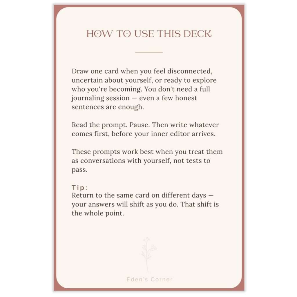 How to Use This Deck card from Who Am I Right Now?, with instructions to draw one card when feeling disconnected and return to cards on different days