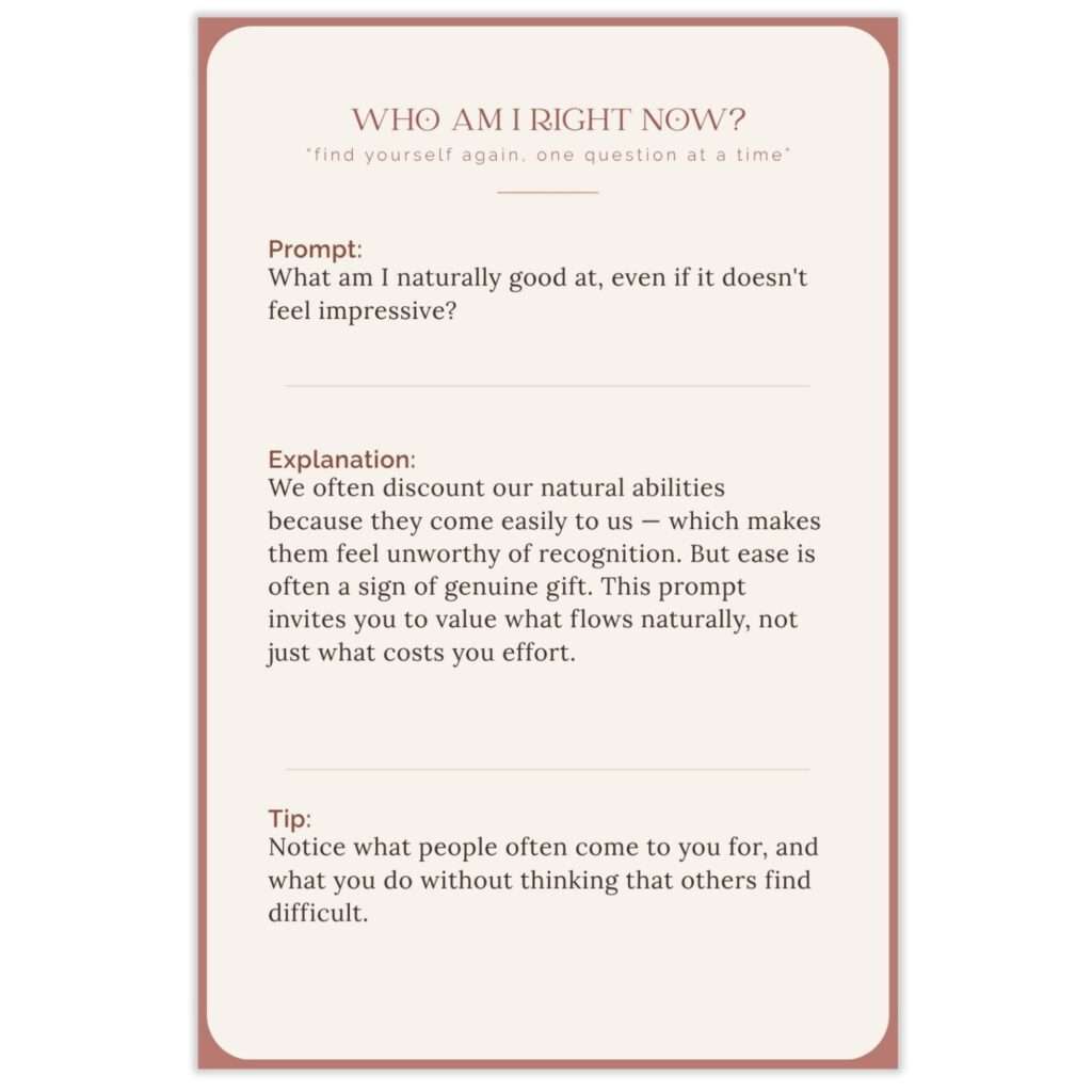 Sample Who Am I Right Now? prompt card asking 'What am I naturally good at, even if it doesn't feel impressive?' with explanation and tip