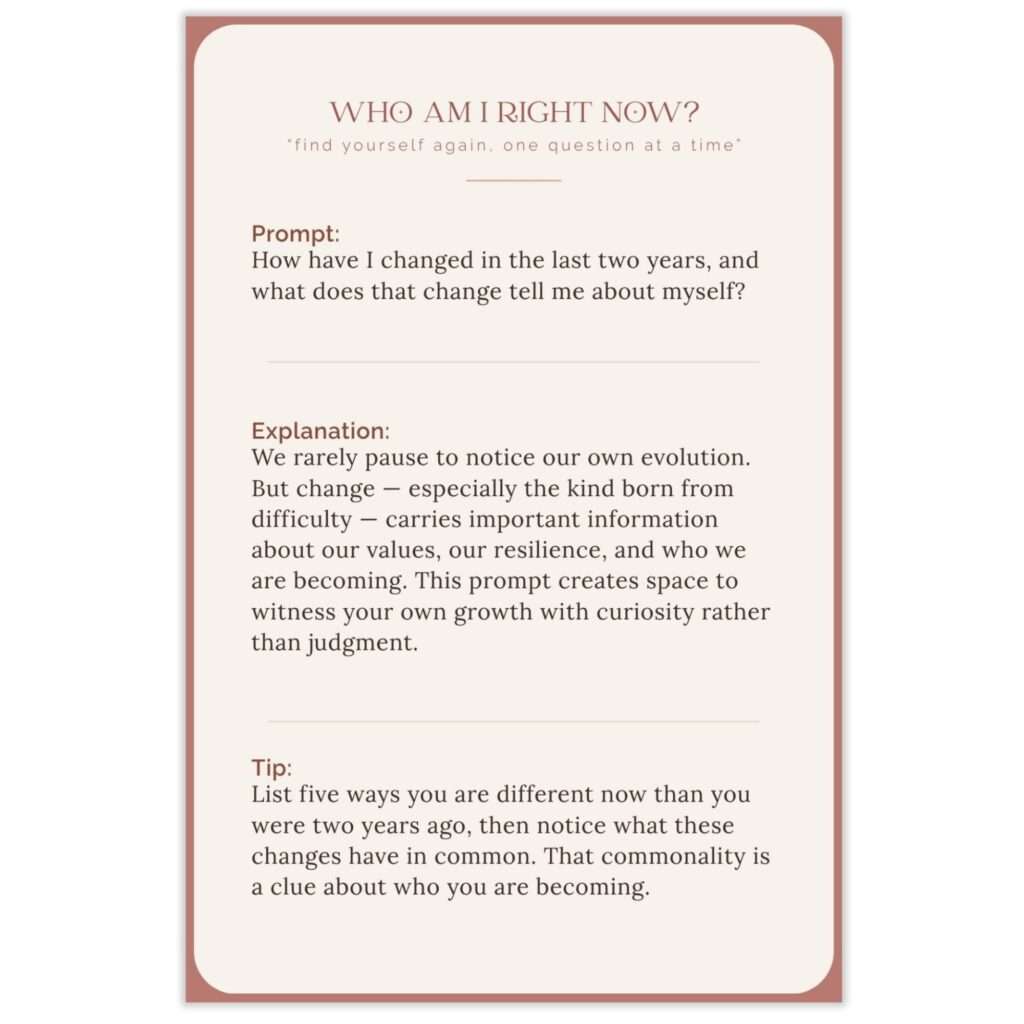 Sample Who Am I Right Now? prompt card asking 'How have I changed in the last two years, and what does that change tell me about myself?' with explanation and tip