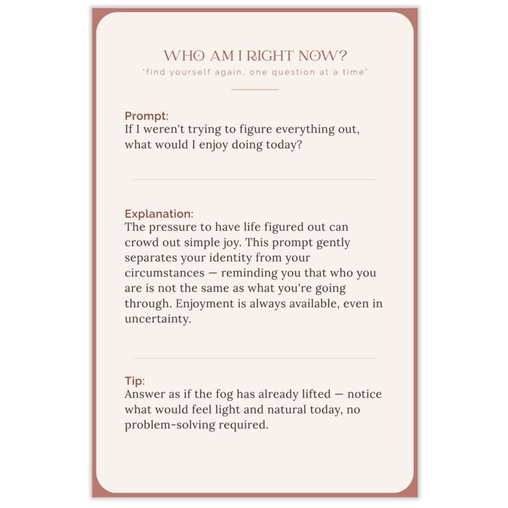 Sample Who Am I Right Now? prompt card asking 'If I weren't trying to figure everything out, what would I enjoy doing today?' with explanation and tip