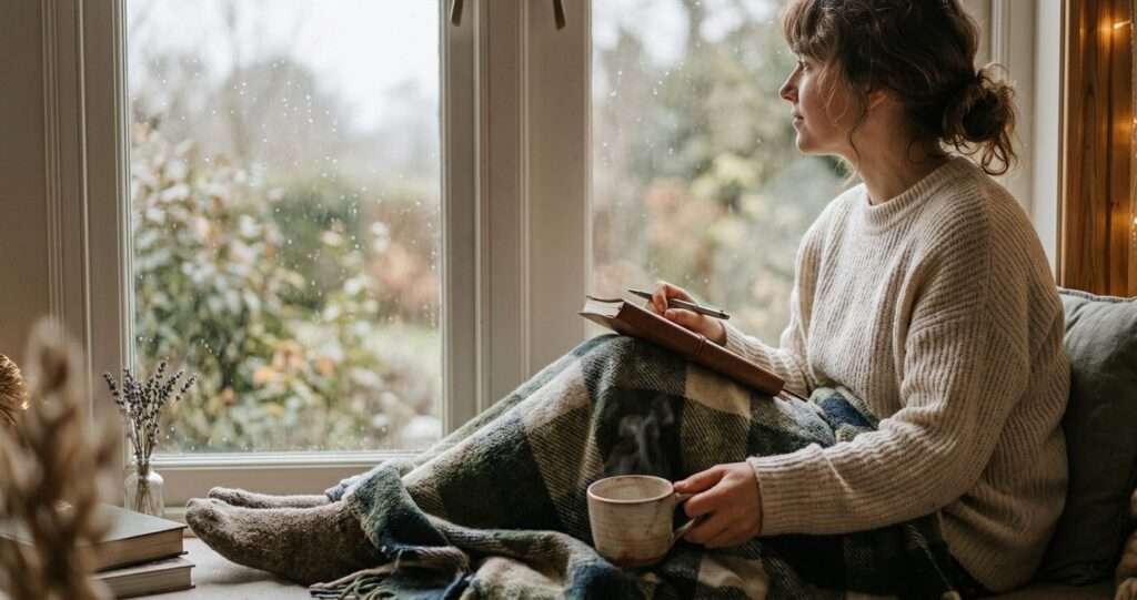 Woman wrapped in a plaid blanket writing in a journal with a warm mug, gazing out a rainy window