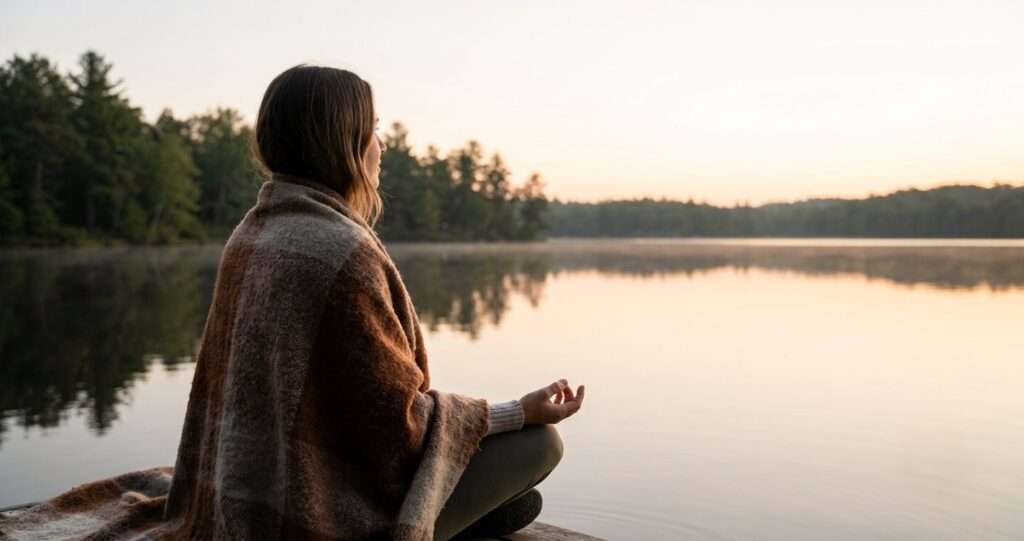 Woman wrapped in a blanket meditating cross-legged beside a still, misty lake at sunrise