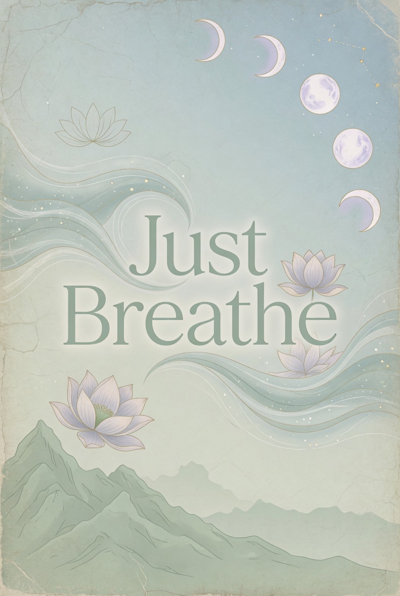 Just Breathe Yoga Poster with lotus and moon imagery