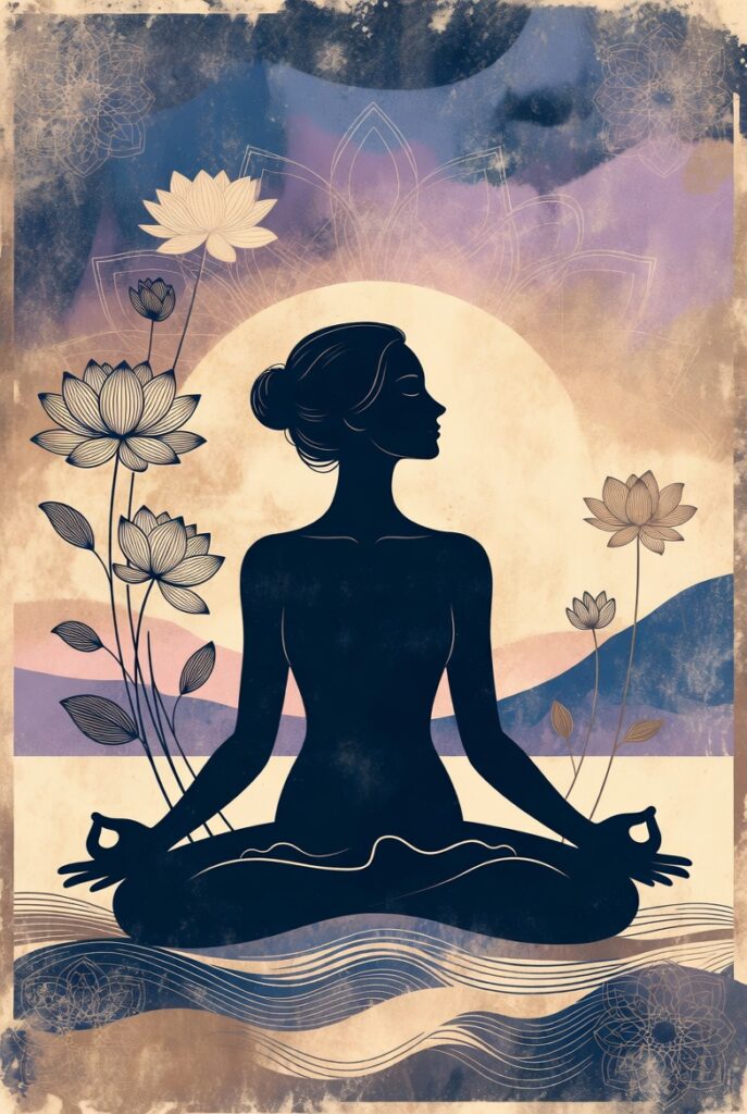 Moonlit Pause Meditation Poster with lotus flowers and mandala elements