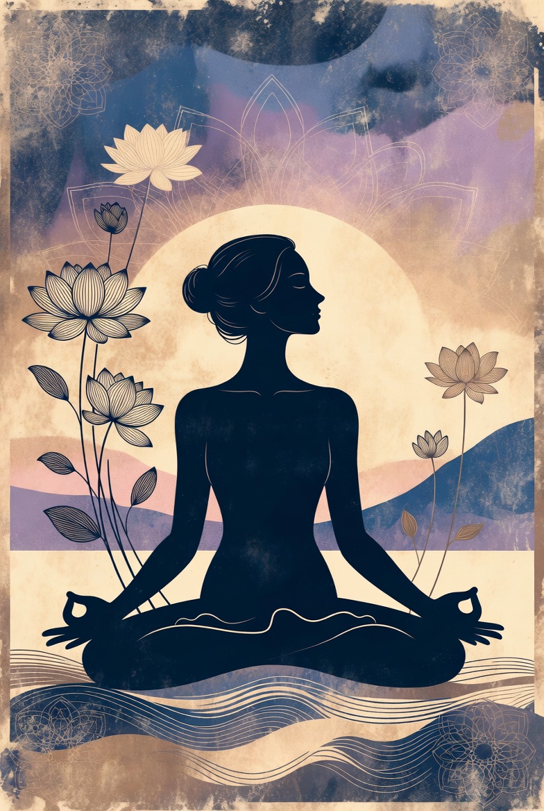 Meditation Silhouette Poster with lotus flowers and mandala elements