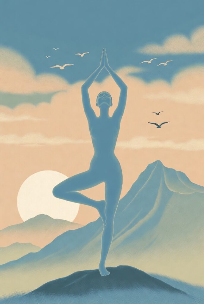 Morning Stillness Yoga Poster with sunrise mountain backdrop