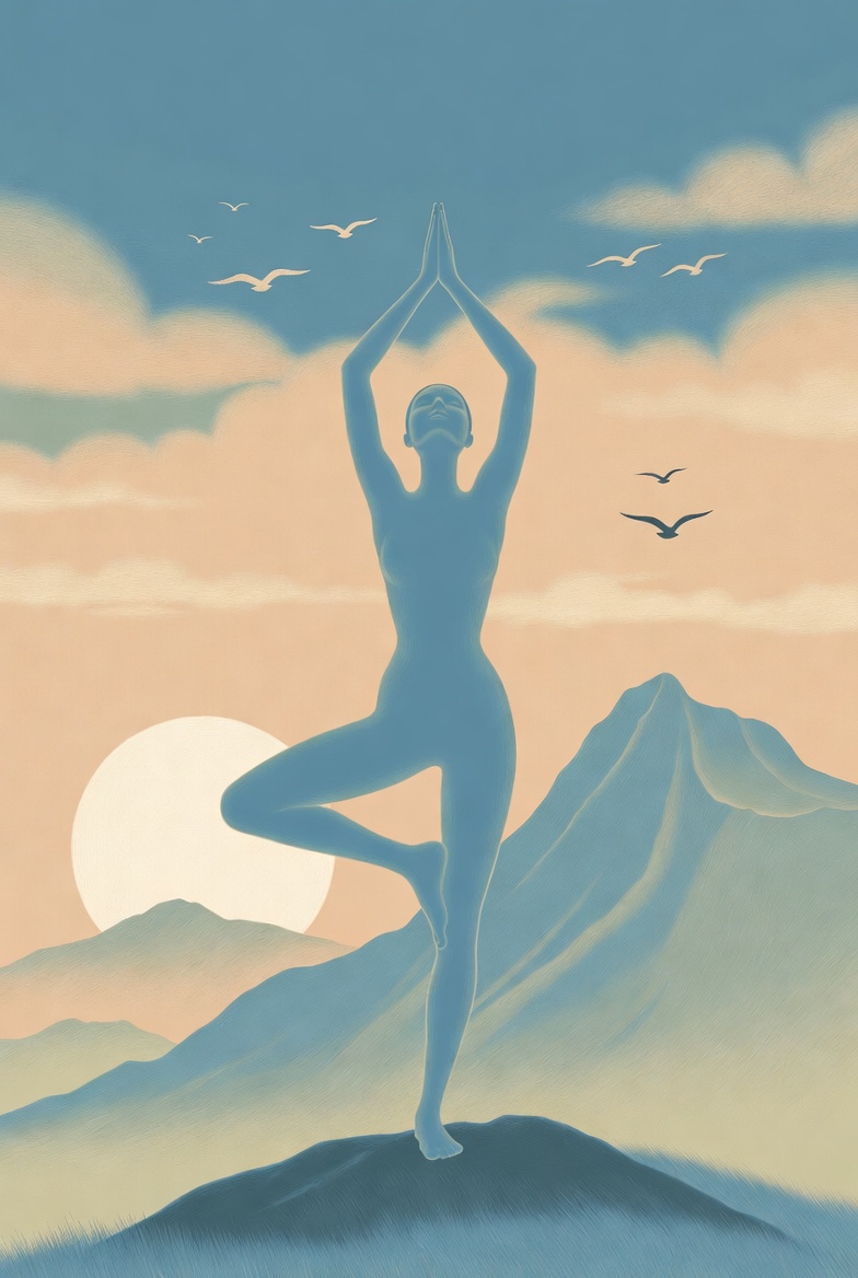 Tree Pose Yoga Poster with sunrise mountain backdrop