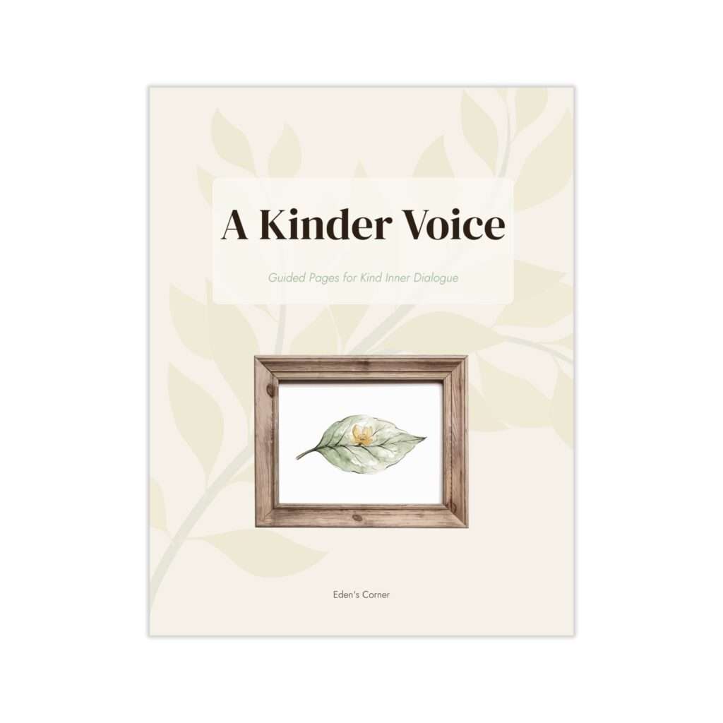 A Kinder Voice self-compassion journal cover featuring a framed watercolor leaf and flower illustration on a soft cream background with a subtle botanical pattern, subtitled "Guided Pages for Kind Inner Dialogue."