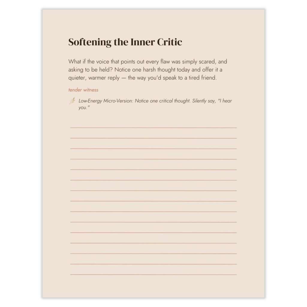 Softening the Inner Critic journal page with tender witness prompt and lined space for reflection