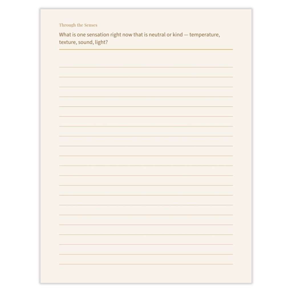 Through the Senses journal page with sensory gratitude prompt and lined space for reflection