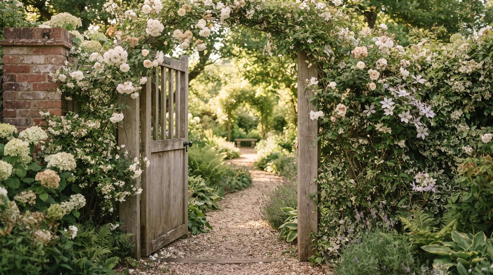 Demand avoidance — a wooden garden gate standing open onto a soft green path, an unforced way forward instead of a demand.