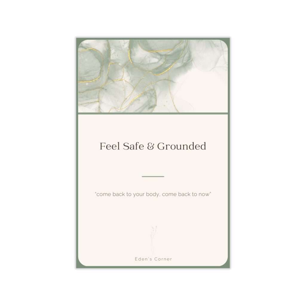 Feel Safe & Grounded journal prompt cards cover featuring a sage green and gold marbled watercolor design, with the quote "come back to your body, come back to now."
