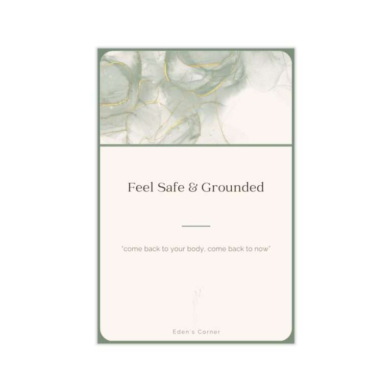 Feel Safe & Grounded Grounding Prompt Cards cover featuring a sage green and gold marbled watercolor design, with the quote "come back to your body, come back to now."
