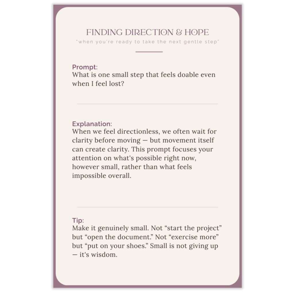 Sample Finding Direction & Hope prompt card asking 'What is one small step that feels doable even when I feel lost?' with explanation and tip