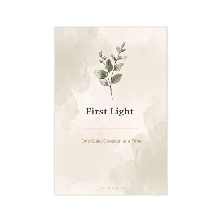 First Light morning reflection prompt card deck cover featuring a delicate watercolor eucalyptus sprig on a cream watercolor-washed background, subtitled "One Quiet Question at a Time."