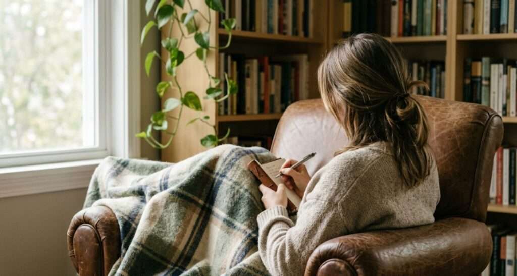 Person journaling by a cozy bookshelf with a trailing plant, building a gentle daily writing habit