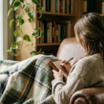 Person journaling by a cozy bookshelf with a trailing plant, building a gentle daily writing habit