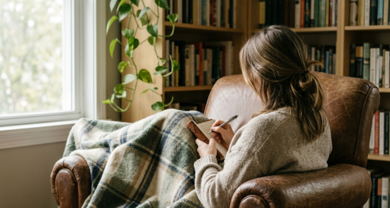 Person journaling by a cozy bookshelf with a trailing plant, building a gentle daily writing habit
