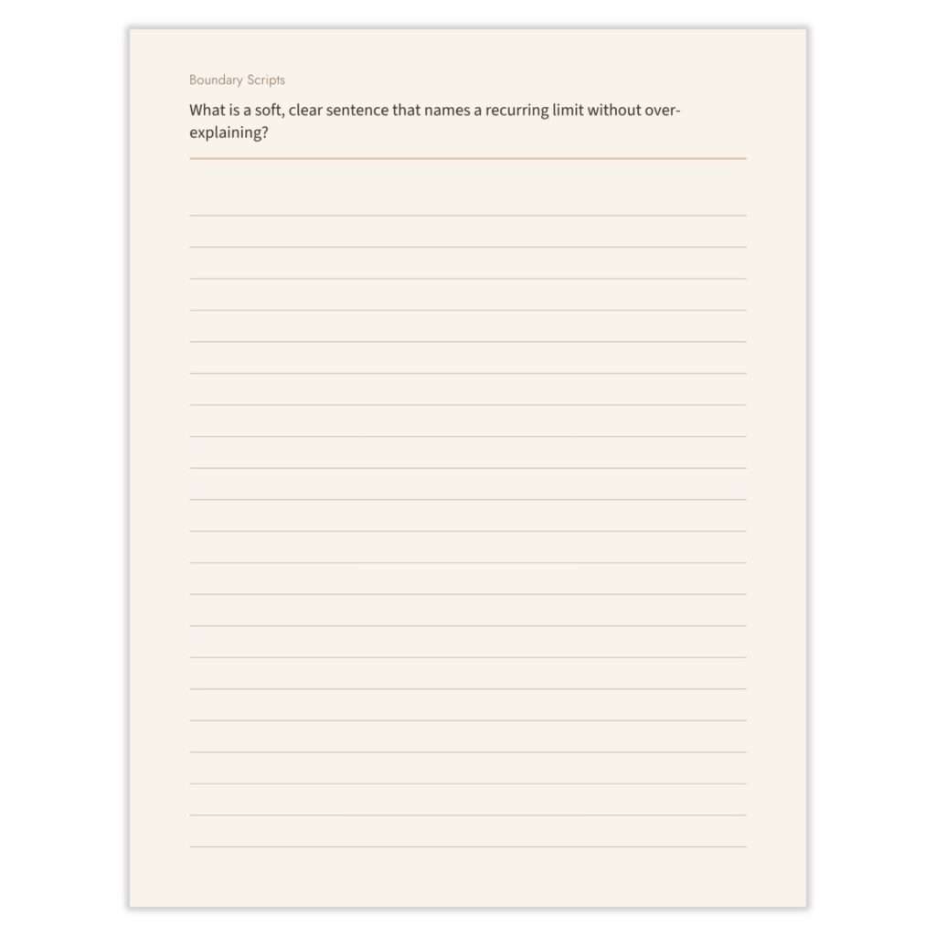Journal page prompting a clear, non-over-explained way to name a recurring limit, with lined writing space.