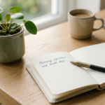 Small potted plant, coffee mug, and glasses on a sunlit desk, a simple space for writing one honest page