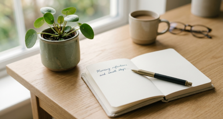 Small potted plant, coffee mug, and glasses on a sunlit desk, a simple space for writing one honest page