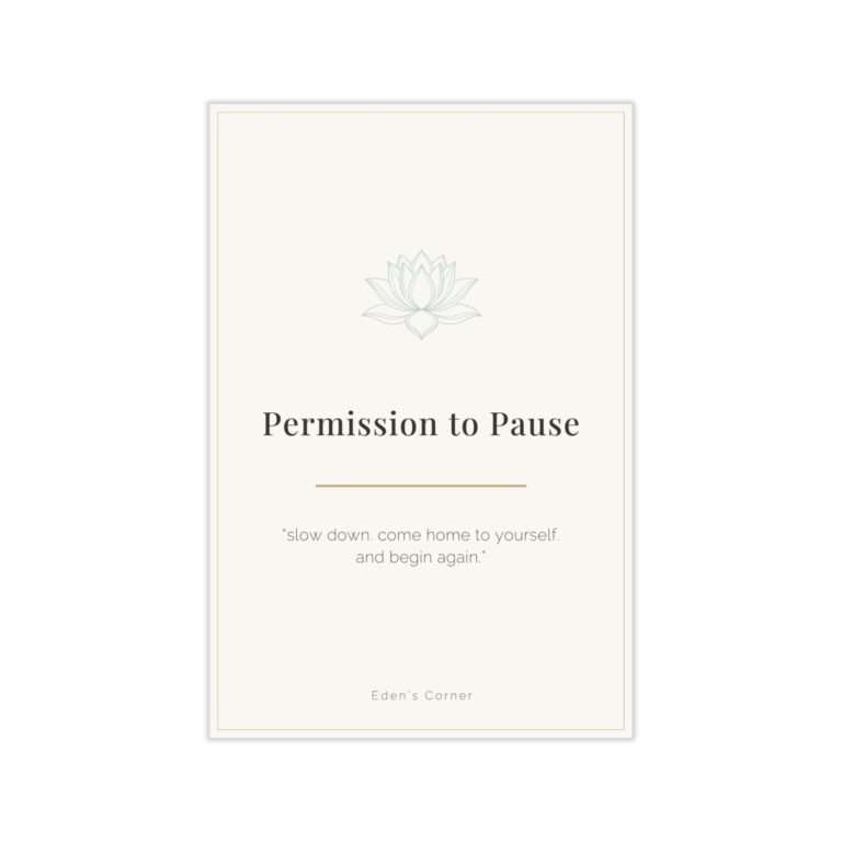 Permission to Pause self-care prompt cards for rest without guilt — cover featuring a line-drawn lotus illustration, subtitled 'slow down. come home to yourself. and begin again.